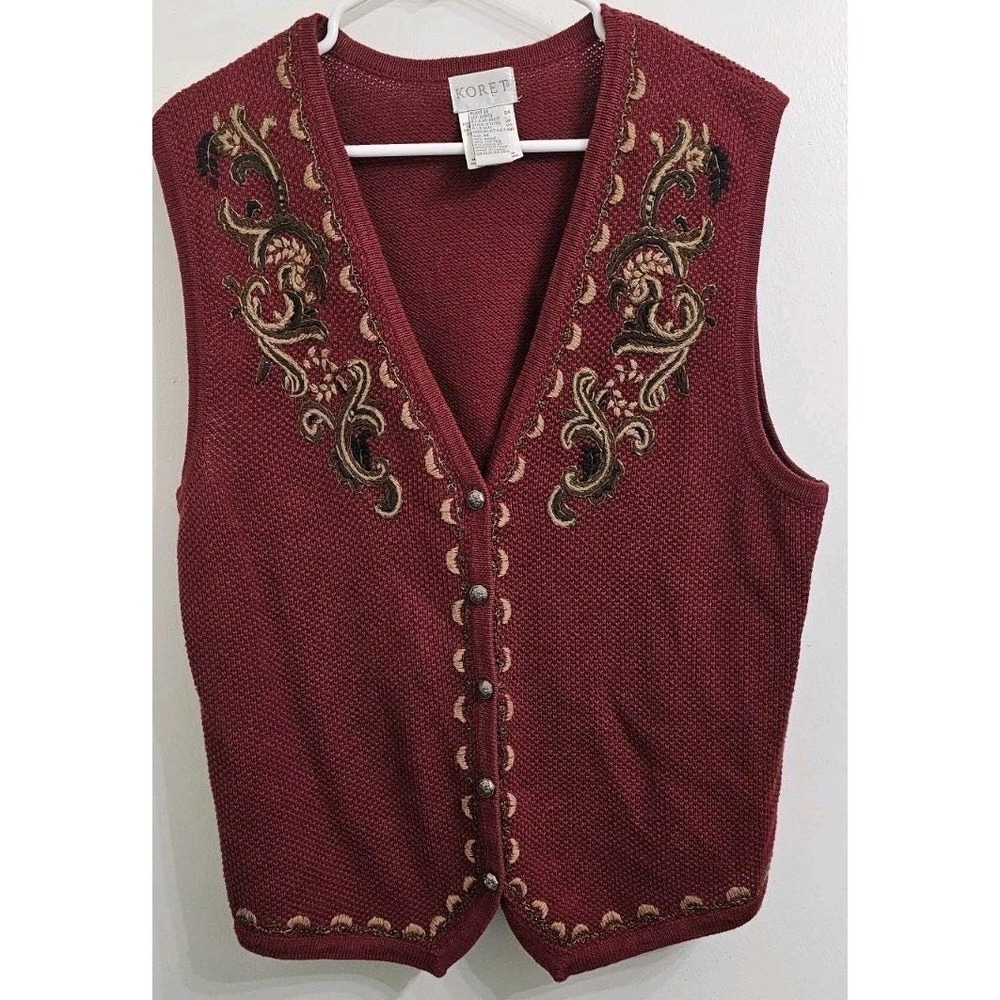 Koret VTG Sweater Vest Women's SZ M Red Cotton Blend Button Up V-Neck Grannycore